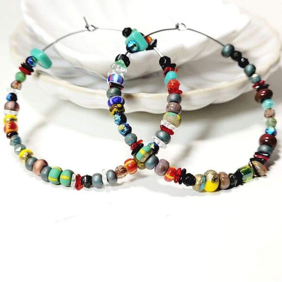 Hoop Earrings 658#FS bohemian multicolor beaded big hoop earrings art 2G summer - Picture 1 of 6